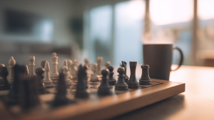 Chess board mid-game with warm lighting