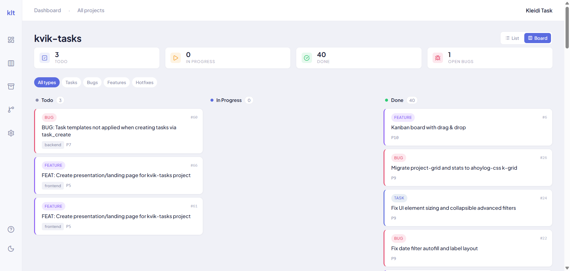 Kanban board with tasks