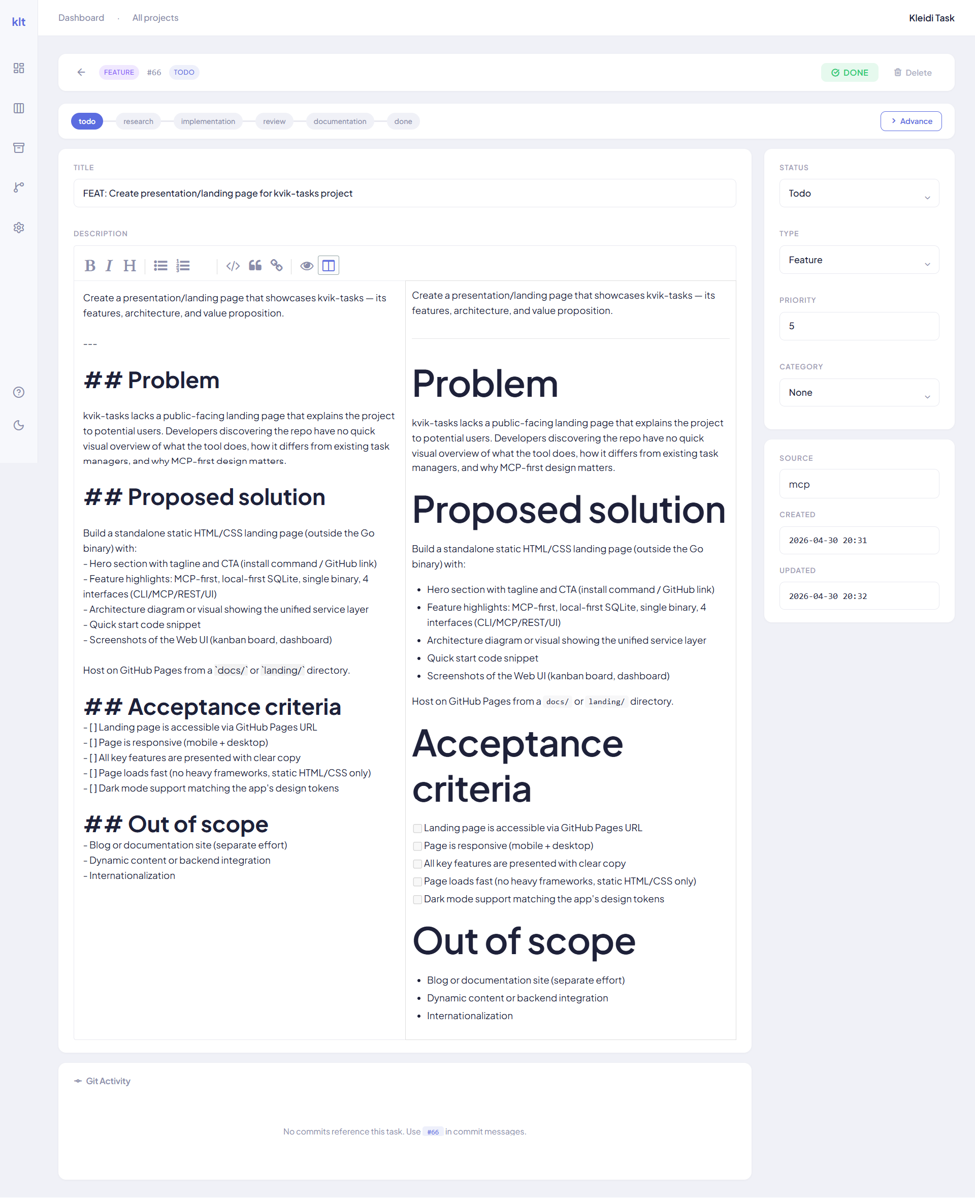 Task detail with markdown editor